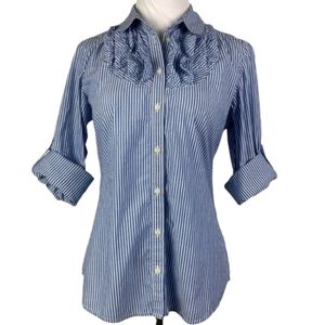 Gap Blue White Striped Ruffle Neckline Roll Tab Button Down Shirt Women's 10